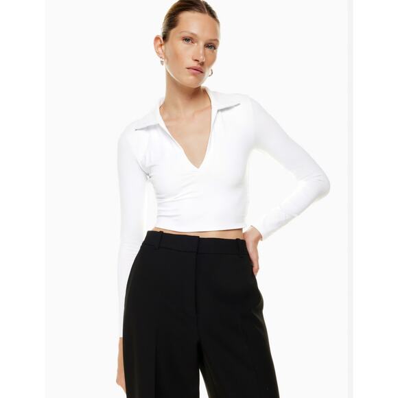 Aritzia Babaton cream Contour Polo Long sleeve XL V-neck smoothing athleisure - Picture 1 of 11